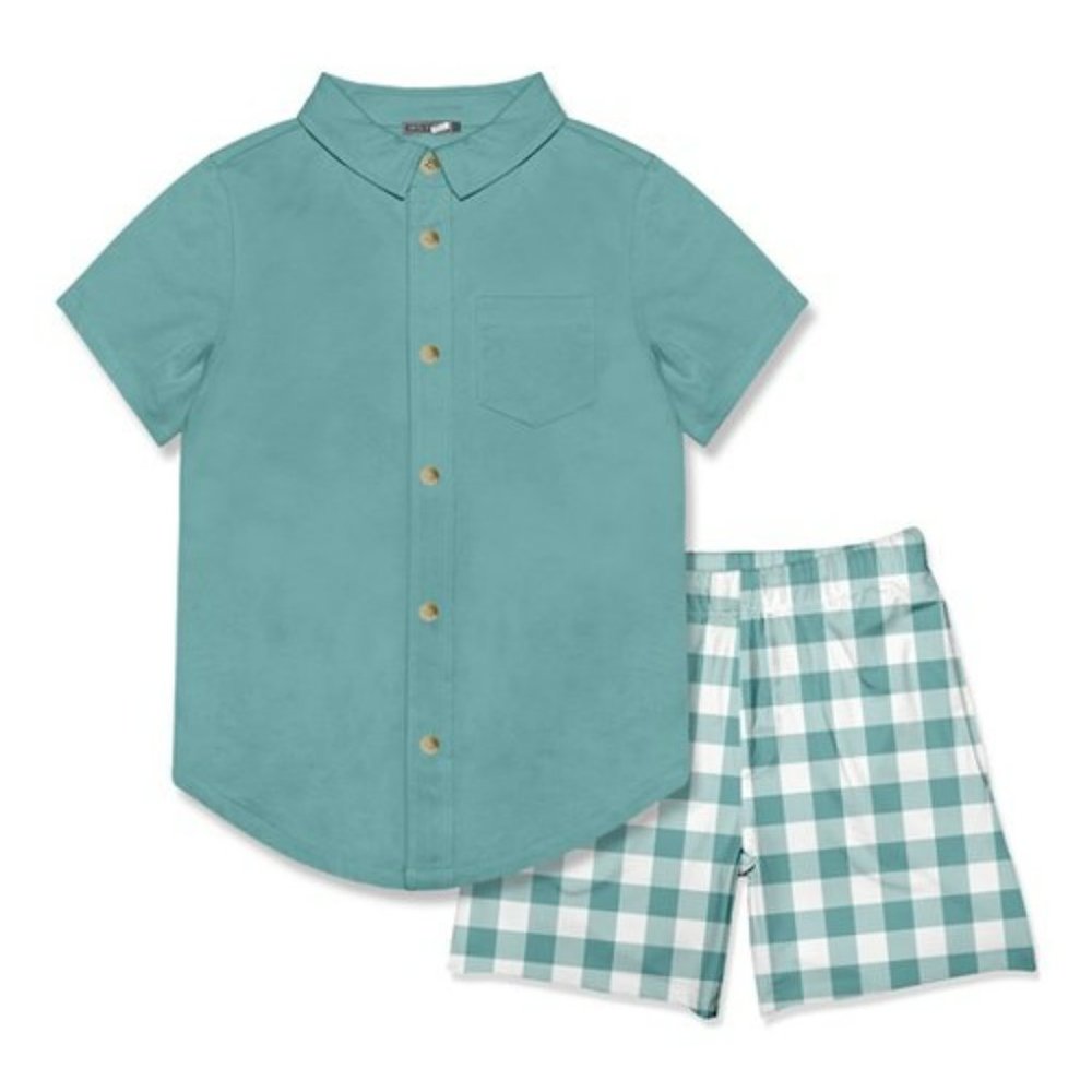 Millie & Maxx | Nile Blue Short-Sleeve Button-Up & White Gingham Shorts - Boys